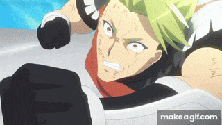 a man with green hair and black gloves is fighting another man in a video game .