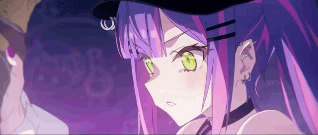 an anime girl with purple hair and green eyes