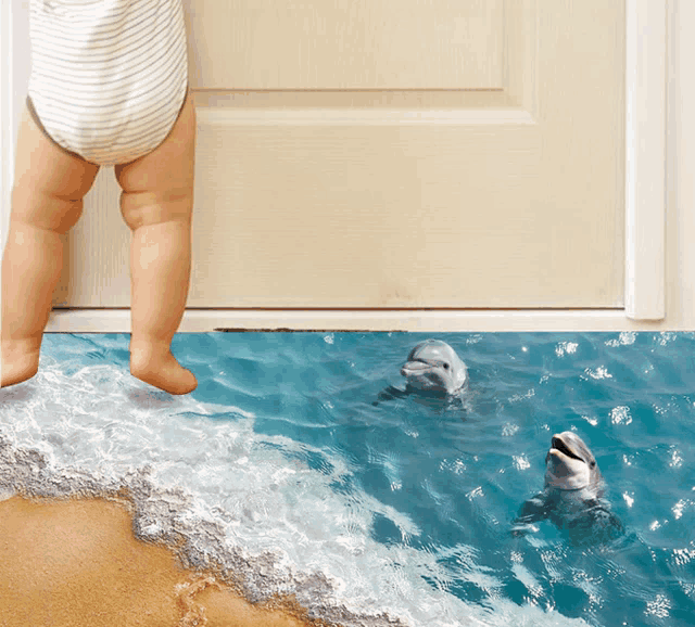 a baby in a diaper is standing next to a door with two dolphins in the water