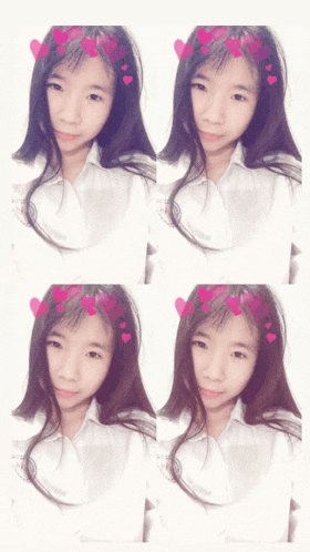four pictures of a girl with hearts in her hair