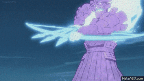 a purple samurai is holding a blue sword in his hands .