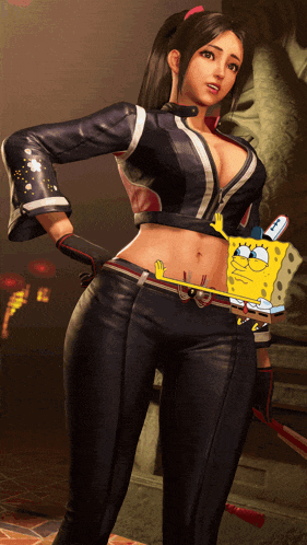 a girl with a spongebob toothbrush on her waist