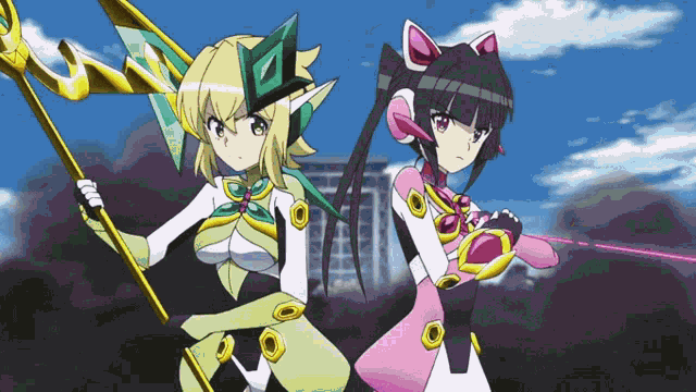 two anime characters are standing next to each other with one holding a spear