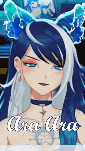 a girl with blue and white hair and the name ana ana on the bottom