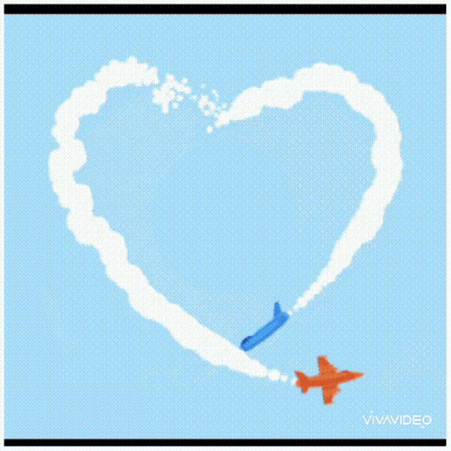 a red heart is surrounded by white clouds and a blue plane