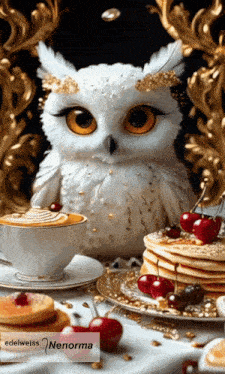 an owl sits on a table with a cup of coffee and pancakes