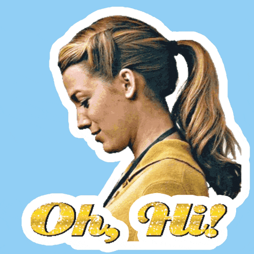 a sticker of a woman with a ponytail and the words oh hi on it