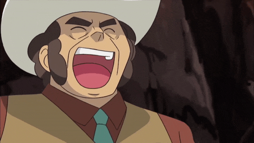 a cartoon character with a cowboy hat and tie is laughing