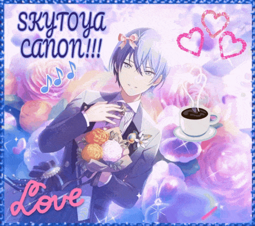 a picture of skytoya canon with a cup of coffee and flowers