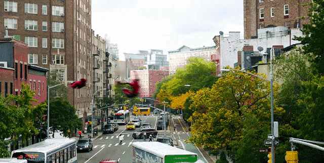 a busy city street with a bus that has the word subway on the side