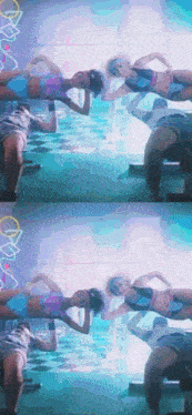 a group of women are dancing in a room with a neon sign that says ' a ' on it