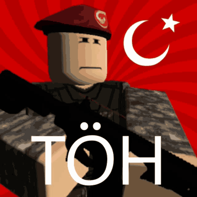 a toy soldier with a crescent moon and star on his hat is holding a gun in front of the word toh