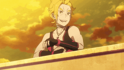 a cartoon character with yellow hair and black gloves stands on a wall