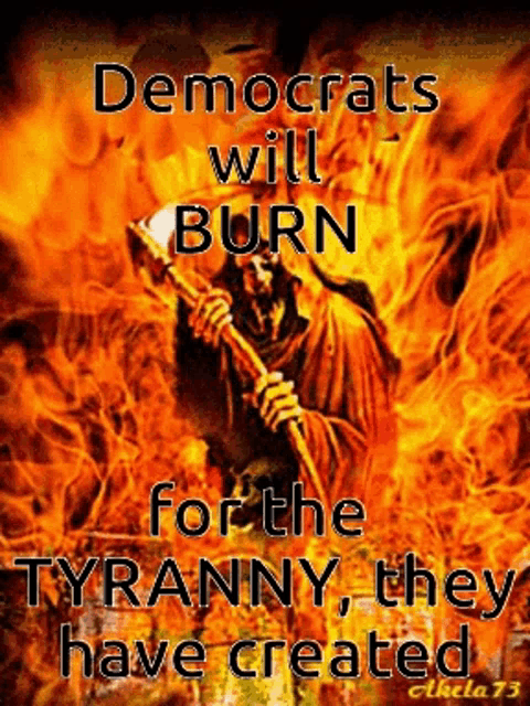 a poster that says democrats will burn for the tyranny they have created on it