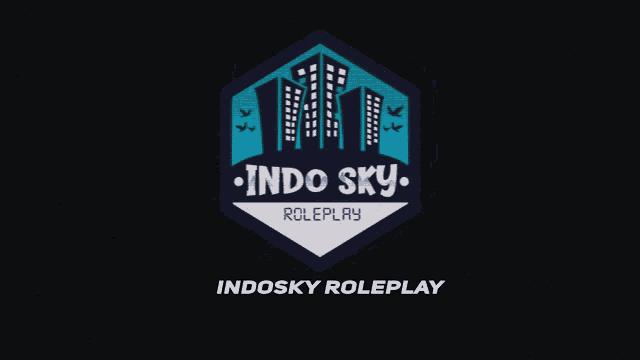 a logo for indo sky roleplay with buildings and birds in the background
