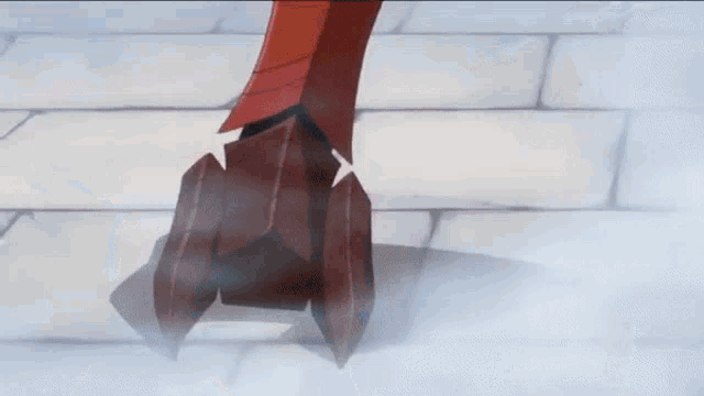 a girl with red hair is holding a large red sword