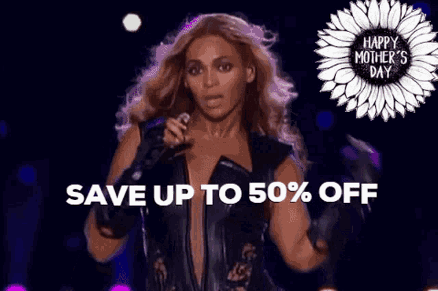 a woman is standing on a stage with a microphone in her hand and the words `` save up to 50 % off '' .