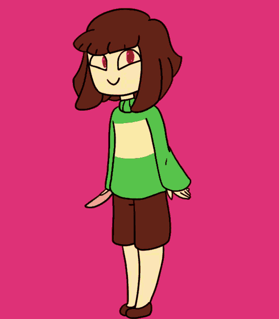 a drawing of a girl holding a knife in front of a pattern of red squares
