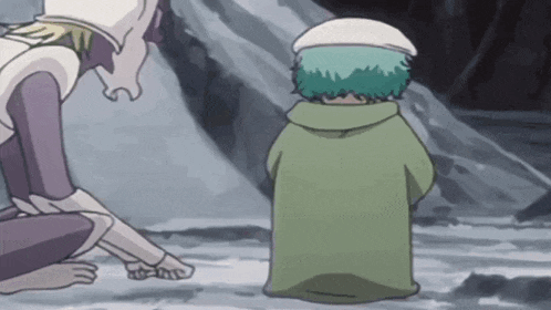 a cartoon character with green hair is kneeling down in front of another character