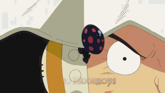a close up of a cartoon character with the words midoriboshi on the bottom left
