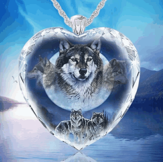 a heart shaped necklace with a picture of wolves