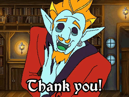 a cartoon character says thank you in a room
