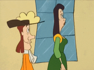a cartoon of a man and woman standing next to each other in front of a window .