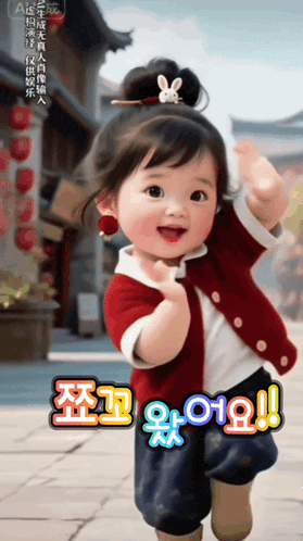 a little girl in a red jacket is walking down a sidewalk with chinese writing on the bottom