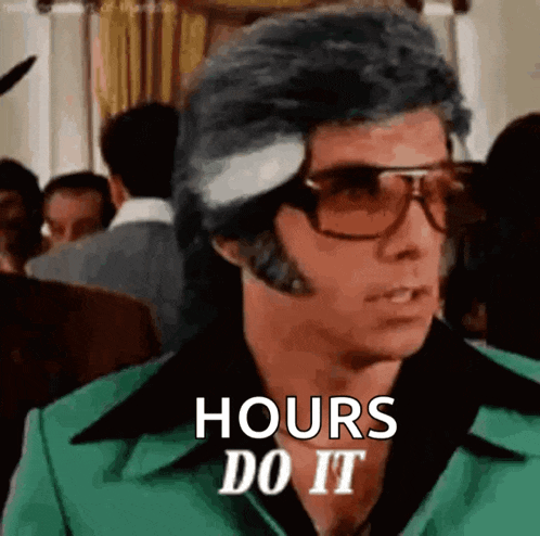 a man wearing sunglasses and a green suit says `` hours do it '' .