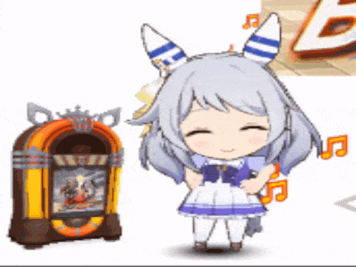 a cartoon girl is standing next to a jukebox and smiling