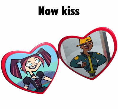 a picture of a boy and a girl in a heart shaped mirror with the words now kiss below them