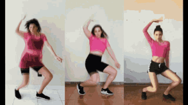 a woman in a pink top is dancing in a room