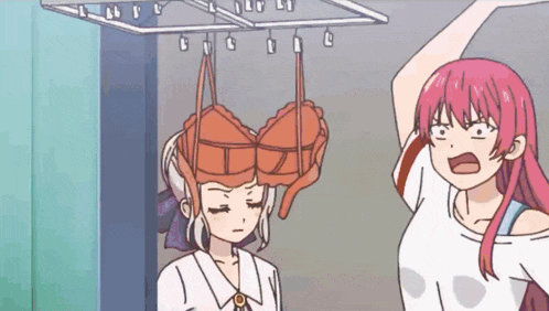 two anime girls are standing next to each other with a bra hanging from a clothes line .
