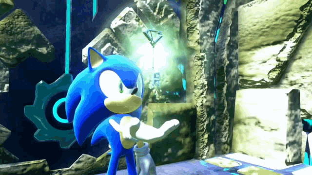 sonic the hedgehog is standing in front of a gear