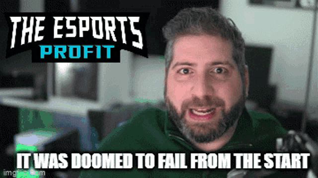a man with a beard in front of a sign that says " the esports profit "