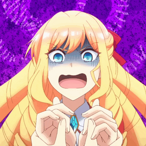 a girl with blonde hair and blue eyes making a surprised face