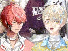 two anime characters are standing next to each other in a room .