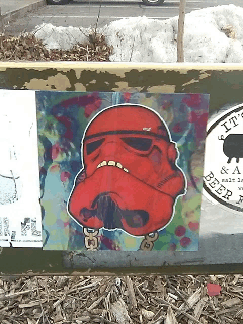 a painting of a storm trooper with a sticker that says it 's & a beer