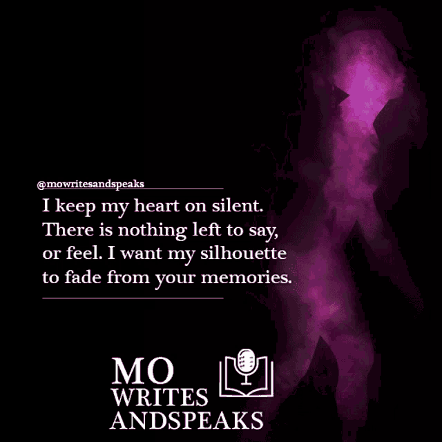 a poster for mo writes and speaks with a purple silhouette