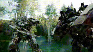 two transformers are fighting in a forest with trees in the background