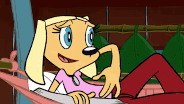 a cartoon character is laying in a hammock with a book