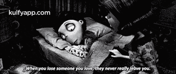 a black and white drawing of a man sleeping on a bed with a quote from the movie nightmare before christmas .