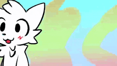 a cartoon drawing of a white cat with a red mouth and a rainbow background .