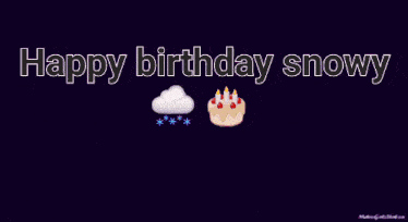 a man in a suit and tie says happy birthday snowy with a cake and a cloud in his mouth