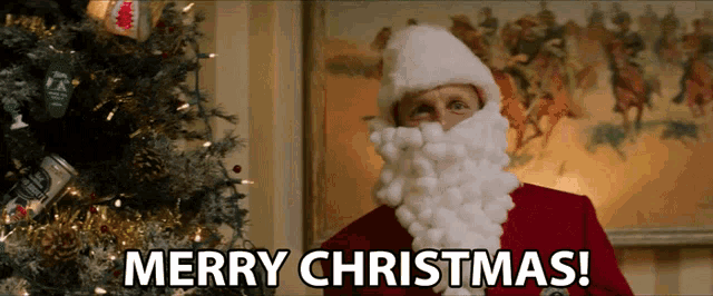 a man with a santa hat and beard says merry christmas