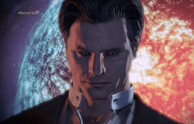 a man in a suit stands in front of a planet with the words illusivesoft on the bottom right