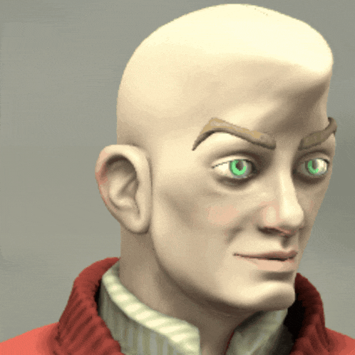 a man with green eyes and a bald head