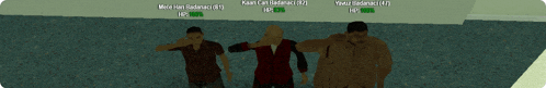 three people are standing next to each other in a video game and their hp is displayed