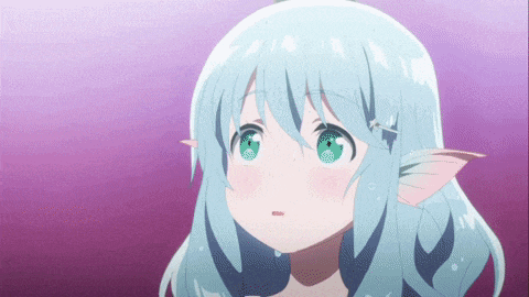 a girl with blue hair and green eyes is looking up at something