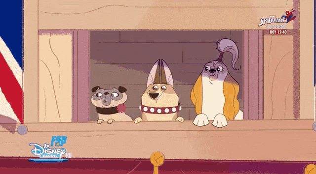 a cartoon of three dogs with a disney logo in the background